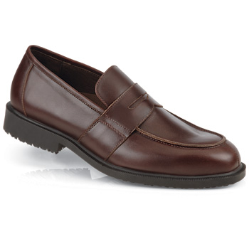 Our traditional penny loafer meets our patented slip-resistant grip technology. Face any situation with confidence in this water-resistant full grain leather style with our shock-absorbing stitch-reinforced SFC Mighty Grip outsole. Removable insoles add hours of comfort while the steel shank adds much-needed arch support. Shoes For Crews - Legend - Men’s / Brown No Slip Dress Shoes