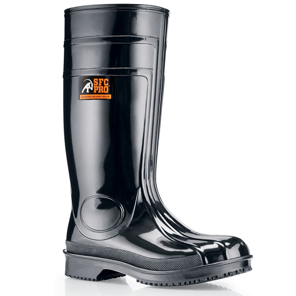 Walk tall in our 16" waterproof anti-fatigue style now in a soft-toe. Features our SFC V enhanced slip-resistant anti-clogging outsole for trekking through just about any mess you might come across. The mold-injected unibody construction also includes a reinforced heel and toe and removable cushioned insoles. Both the inner boot lining and the outsole are anti-bacterial making this boot an all around safety super star. Shoes For Crews - Guardian III - Soft Toe - Black Non Skid Work Boots