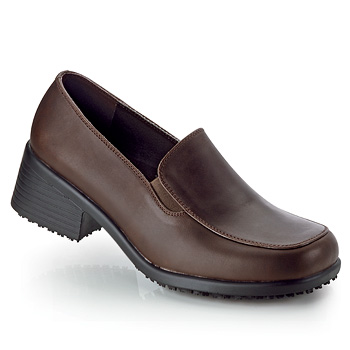 Work confidently and stand tall in our stacked heel loafer. A traditional look treated with our exclusive slip-resistant outsole and soft water-resistant full grain leather. The flexible vamp and elastic goring make for a great fit while cushioned insoles and a steel shank add comfort and support. The rubber heel measures 1¼". Shoes For Crews - Envy - Women’s / Brown Non Skid Dress Shoes