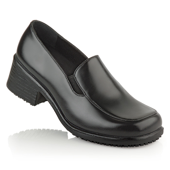 Work confidently and stand tall in our stacked heel loafer. A traditional look treated with our exclusive slip-resistant outsole and soft water-resistant full grain leather. The flexible vamp and elastic goring make for a great fit while cushioned insoles and a steel shank add comfort and support. The rubber heel measures 1¼". Shoes For Crews - Envy - Black / Women’s Anti Slip Dress Shoes