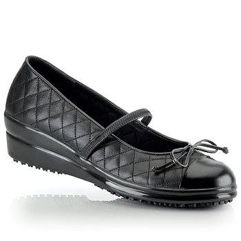 A tailored wedge you can count on for hours of comfort. Dress up for any occasion in this fashionable lightweight shoe with patent leather accents and quilted full grain leather uppers. With our exclusive slip-resistant outsole design and cushioned insoles you’ll be standing comfortably pretty. An elastic strap ensures a secure fit. Shoes For Crews - Allure - Black / Women’s Skid Resistant Dress Shoes
