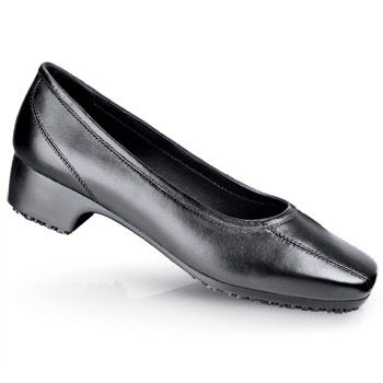 A new sophisticated look paired with our legendary outsole. Dress up your work day with our new slip-resistant pump. These shoes featuring our patented SFC Mighty Grip outsole and soft water-resistant full grain leather can take you anywhere with confidence. The lightweight flexible midsole and cushioned insoles provide hours of comfort while the steel shank adds needed support. The rubber heel measures 1¼". Shoes For Crews - Grace - Black / Women’s Skid Resistant Dress Shoes