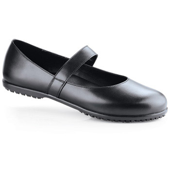 Don’t let this dainty design fool you - this shoe works hard! Featuring our patented SFC Mighty Grip slip-resistant outsole and a shock-absorbing foot board this casual style packs on the protection. Water-resistant genuine leather helps keep feet dry while cushioned insole keep them comfortable. The flexible strap provides a secure fit. Shoes For Crews - Glissade - Black / Women’s Skid Resistant Dress Shoes