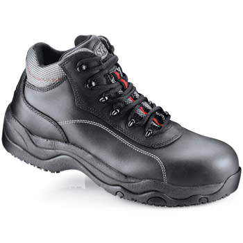 Be a safety Icon in this durable work boot. Water-resistant full grain leather stands up to the toughest jobs while our patented SFC Mighty Grip slip-resistant outsole stands up to most slippery situations. Features a composite safety toe that exceeds the US steel toe standard. Shoes For Crews - Icon - Safety Toe Non-Metallic (S3) - Black Non Skid Safety Toe Boots and Shoes
