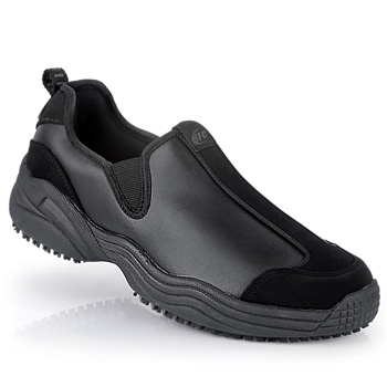 A streamlined slip-on that keeps its grip in the most slippery situations.Stay put on wet floors with this water-resistant genuine leather shoe. Thanks to our exclusive slip-resistant outsole removable insoles and supportive lightweight flexible midsole you will be able to work in comfort on hard surfaces feeling secure the whole time. Elastic goring ensures a great fit. Shoes For Crews - SmartShoe - Black / Men’s Non Slip Athletic Shoes