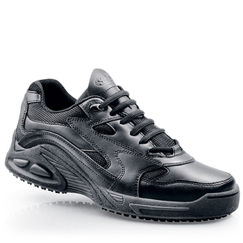 This breathable cross-trainer-inspired shoe gets our patented slip-resistant treatment. Stay comfortable through your longest shifts wearing these shoes with removable cushioned insoles and a padded ankle collar. Genuine leather uppers and breathable ballistic knit accents further emphasize this multi-tasking style. Above all stay grounded with our SFC Mighty Grip slip-resistant outsole. Shoes For Crews - Falcon - Black / Men’s No Slip Athletic Shoes