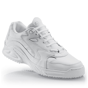 This breathable cross-trainer-inspired shoe gets our patented slip-resistant treatment. Stay comfortable through your longest shifts wearing these shoes with removable cushioned insoles and a padded ankle collar. Genuine leather uppers and breathable ballistic knit accents further emphasize this multi-tasking style. Above all stay grounded with our SFC Mighty Grip slip-resistant outsole. Shoes For Crews - Falcon - White / Men’s Anti Slip Athletic Shoes