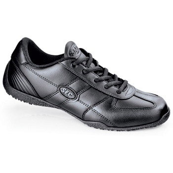 Set a swift pace with this sleek low-profile design. Work in comfort and style with removable cushioned insoles and added lateral support. Our unmatched shock-absorbing slip-resistant outsole is designed with your safety and hard-working schedule in mind. Water-resistant genuine leather uppers provide durability and laces ensure a great fit. Shoes For Crews - Spirit - Black / Women’s Non Slip Athletic Shoes