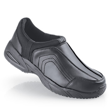 Slips on and stays on with the comfort and support of a running shoe. Move through a full day’s work in casual comfort. This popular genuine leather design combines our patented slip-resistant outsole with a lightweight flexible midsole removable cushioned insoles and a padded collar. Shoes For Crews - Eastside - Black / Women’s Slip Proof Athletic Shoes