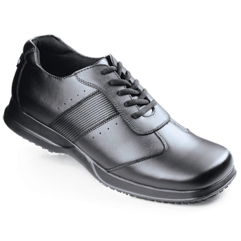 This sporty lace-up keeps you standing through oil water food and more. Walk with confidence in the most slippery situations wearing our lightweight shock-absorbing SFC Mighty Grip outsole. Water-resistant genuine leather a steel shank and cushioned insoles make this a comfortable shoe with lasting style. Shoes For Crews - Vibe - Black / Men’s Slip Resistant Casual Shoes