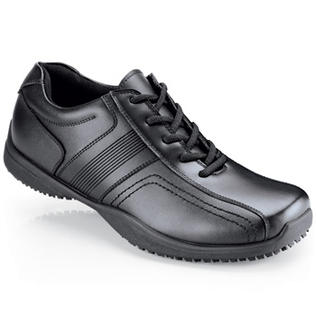 The comfort of a slip-on with the secure fit of a lace-up. Easily traverse the messiest puddles and spills with this water-resistant genuine leather style featuring our lightweight shock-absorbing SFC Mighty Grip outsole. Cushioned insoles provide hours of comfort while the steel shank lends needed arch support. Shoes For Crews - Vibe II - Black / Men’s Slip Resistant Casual Shoes