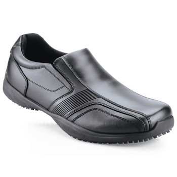 Our popular slip-on gets an updated look. Clean lines and stitching detail give this lightweight slip-on a more rugged look. Take every step with confidence with our lightweight shock-absorbing SFC Mighty Grip slip-resistant outsole. The water-resistant full grain leather upper features elastic goring for a great fit. Cushioned insoles add comfort and a steel shank provides support. Shoes For Crews - Lotus II - Black / Men’s Non Slip Casual Shoes