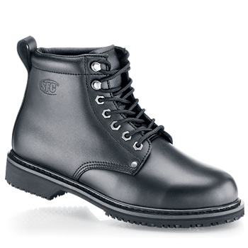 This classic military style has been updated with our patented slip-resistant technology. Stand strong and long in this water-resistant genuine leather boot paired with our unbeatable SFC Mighty Grip outsole. With high-tech injection construction removable cushioned insoles and a steel shank these boots were built to last. The padded ankle provides additional comfort and support. Shoes For Crews - Legionnaire - Soft Toe - Black / Men’s Anti Slip Work Boots