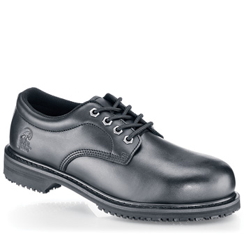 Move confidently and safely from any work site to the office. This double-duty design is built with water-resistant full grain leather our exclusive slip-resistant outsole and tough steel toes that meet ASTM* standards. A padded collar high-tech injection construction and removable insoles are combined with steel shank arch support to provide relief on your feet wherever you go. *Meets ASTM F-2413-05 standards bearing a class 75 rating. Shoes For Crews - Defender - Steel Toe - Black / Men’s Slip Resistant Steel Toe Boots and Sho