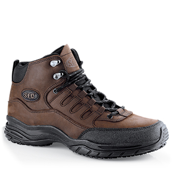 Trek through your long days with lightweight support. Get the look of a hiking boot with the added benefit of our patented slip-resistant outsole in this rugged water-resistant style. Made of genuine smooth brushed suede and paired with a lightweight flexible midsole and removable cushioned insoles for hours of comfort. A reinforced rhino wrap provides greater durability. Shoes For Crews - Xtreme Sport Hiker - Soft Toe - Brown Non Slip Work Boots