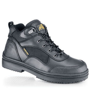 Take on any terrain with this sporty breathable boot. Don’t let oil water or slippery messes slow you down. Step into our 360° stitch-reinforced water-resistant genuine leather boots with breathable ballistic knit accents. The SFC Mighty Grip slip-resistant outsole and a steel toe that meets ASTM* standards will keep you safe on your feet no matter how long your shift. *Meets ASTM F-2413-05 standards bearing a class 75 rating. Shoes For Crews - Voyager - Steel Toe - Black Non Skid Steel Toe Boots and Shoes