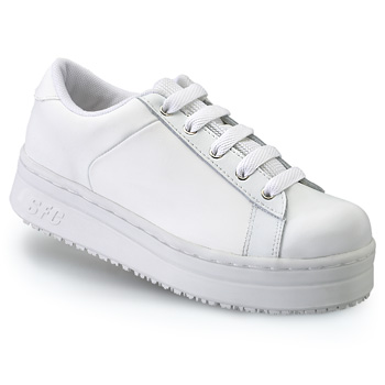 A sweet sneaker with added height and support. Give your feet a boost with a shoe that’s trendy but doesn’t sacrifice comfort. The 1¼" rubber platform and removable cushioned insoles provide height without the discomfort of a heel. Complete with our innovative 360° stitch-reinforced SFC Mighty Grip outsole this genuine leather water-resistant shoe gives you style safety and durability. Shoes For Crews - Candy - White / Women’s Skid Resistant Athletic Shoes