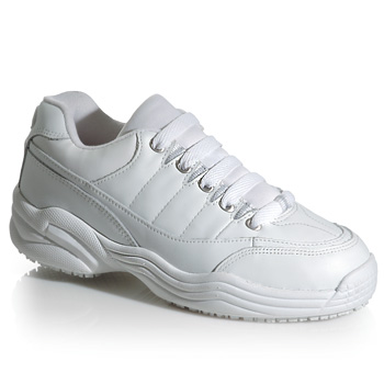 High-energy style and patented slip-resistant technology keeps you moving safely. Breeze through spills and look good doing it in our water-resistant full grain leather sneaker featuring our patented slip-resistant outsole and lightweight flexible midsole. Combine all that with removable insoles and stay comfortable no matter how long you’re on your feet. Shoes For Crews - Athena - White / Women’s Slip Proof Athletic Shoes
