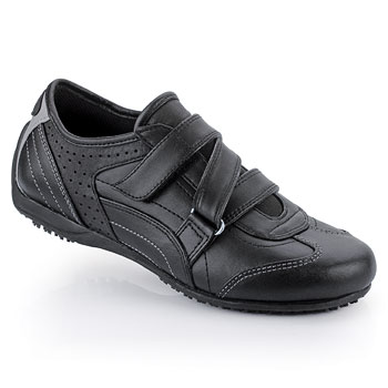 A contemporary upscale style with criss-cross Velcro® straps. Maneuver safely through thick and thin with our incomparable slip-resistant shock-absorbing outsole. Designed for hours of comfort with our lightweight flexible midsole and removable cushioned insoles. Made with full grain leather and adjustable Velcro® straps for a secure fit. Shoes For Crews - Element - Black / Women’s No Slip Casual Shoes