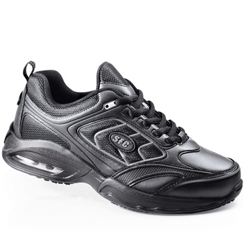 Stress-relieving shock-absorbing technology keeps you comfortable and safe. Attack any shift with confidence with our Patented SFC Mighty Grip outsole and reinforced air piston heel support system which reduces impact-related stress on knees and legs by up to 70%. Leather uppers with nylon mesh accents improve breathability while the padded collar and removable cushioned insoles wrap you in comfort. Exclusive Air Piston System Exclusive Air Piston System Technology reduces stress on knees and legs by absorbing between 40 to 70% of walking or running impact energy. Shoes For Crews - Revolution - Black / Women’s Non Skid Athletic Shoes