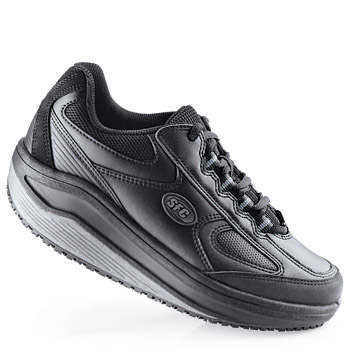 Introducing StayFit™ The latest technology in fitness footwear with the #1 rated slip-resistant outsole. Our fitness shoe is unlike any other StayFit™ is the only fitness shoe with our legendary SFC Mighty Grip outsole keeping you safe while getting fit! A patent pending lightweight torsion bar helps provide balance and stability. Contoured insoles cradle your feet in unbelievable comfort and the gentle rocking motion is designed to improve posture relieve fatigue and reduce pressure on joints. This water-resistant genuine leather style has a rubber platform measuring 1 ¼". Shoes For Crews - Energy - Black / Women’s No Slip Athletic Shoes