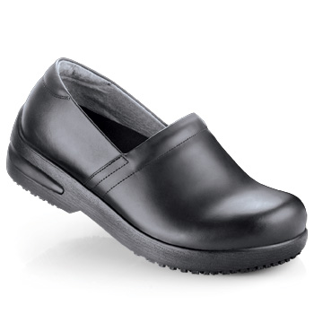 An ergonomic European design gets updated for comfort and safety. Famous in the kitchen and beyond this water-resistant full grain leather clog is made with our shock-absorbing SFC Mighty Grip outsole for incredible stability. The lightweight flexible midsole and cushioned insoles provide hours of comfort while the steel shank adds support to keep you safe on your feet from morning to night. The rubber heel measures 1¼". Shoes For Crews - Euro Clog - Black / Women’s No Slip Clogs