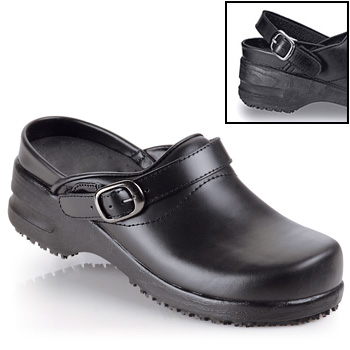 A classic clog design gets a safety update.Stay safe on slippery floors with our iconic ergonomic design featuring our lightweight flexible midsole and patented shock-absorbing SFC Mighty Grip outsole. This beautiful full grain leather water-resistant clog is made for extended standing or walking while cushioned insoles and a steel-shank give hard-working feet an extra level of comfort and support. Wear the convertible strap up or down. Shoes For Crews - Sport Clog - Black / Women’s Anti Slip Clogs