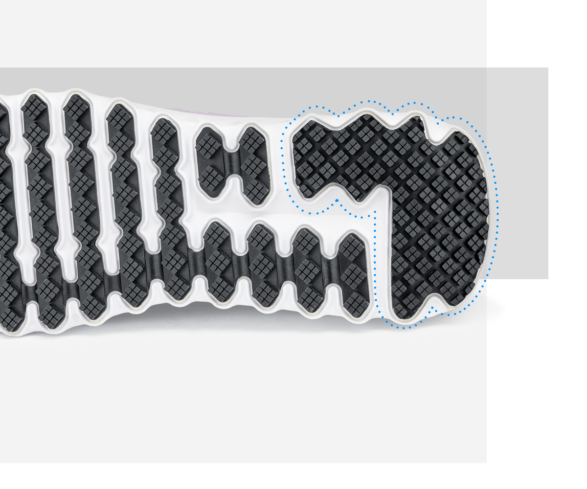 The tires on a race car are super wide, because the more contact they make with the surface, the better the grip. We borrowed that concept for the new heel shape. It's a bit wider and slightly squared off to increase the contact area between the floor and your shoes, to decrease the chance of slip and falls.