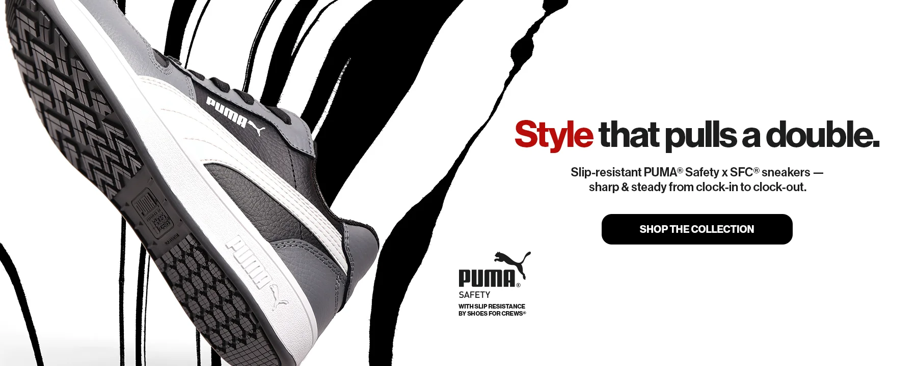 PUMA Safety x Shoes For Crews slip-resistant sneaker featuring a black, gray and white design.
