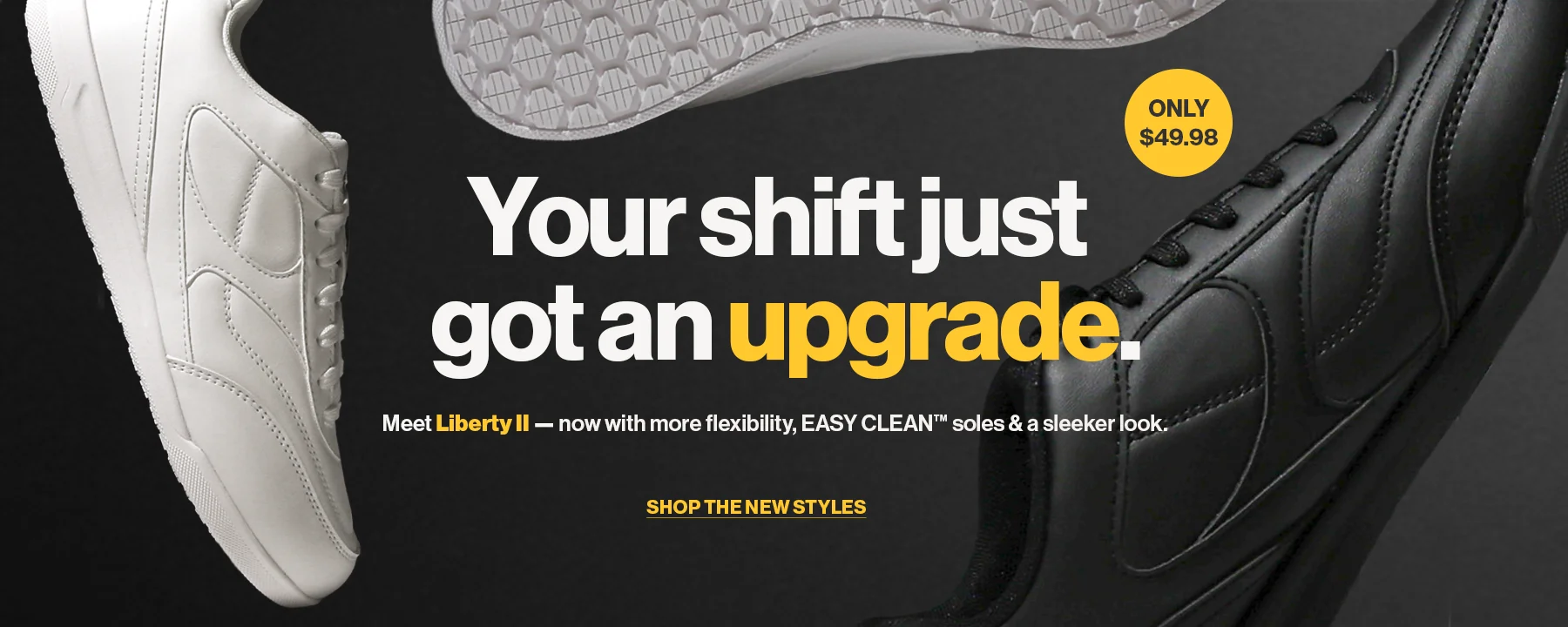 Liberty II slip-resistant work shoes in black and white, featuring flexible EASY CLEAN™ soles, starting at $49.98.