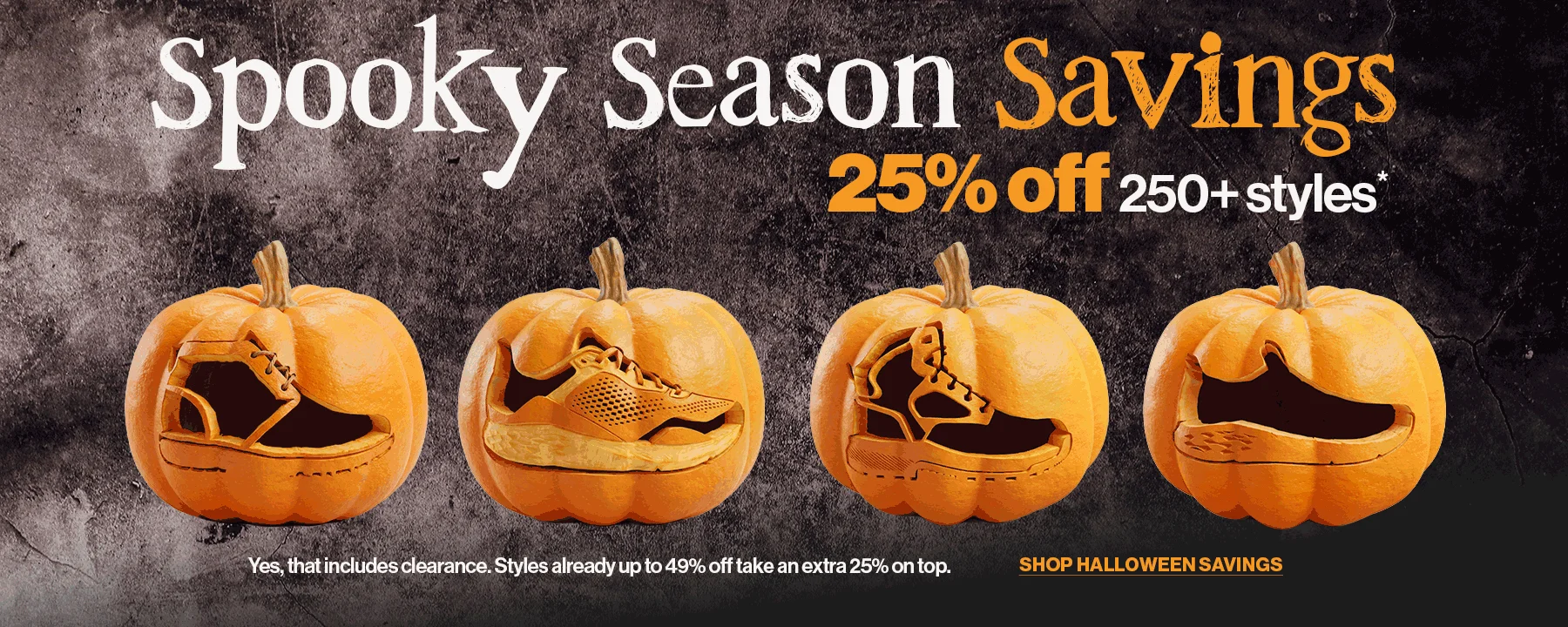 Halloween sale banner featuring four pumpkins carved with shoes, promoting 25% off 200+ styles.