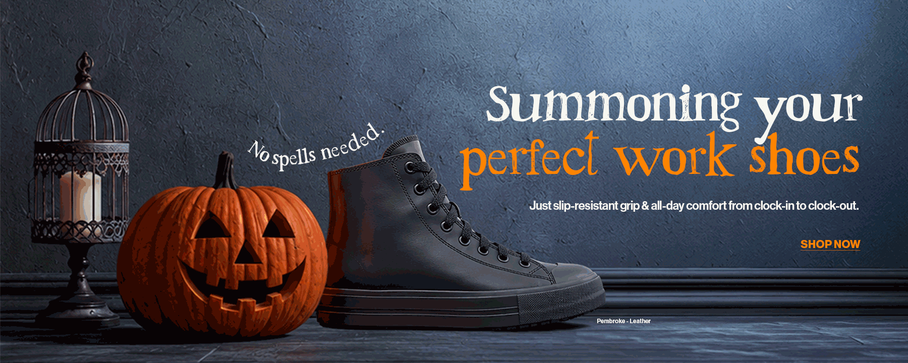 Halloween-themed Shoes For Crews banner featuring a black work shoe, glowing jack-o’-lantern, and lantern.