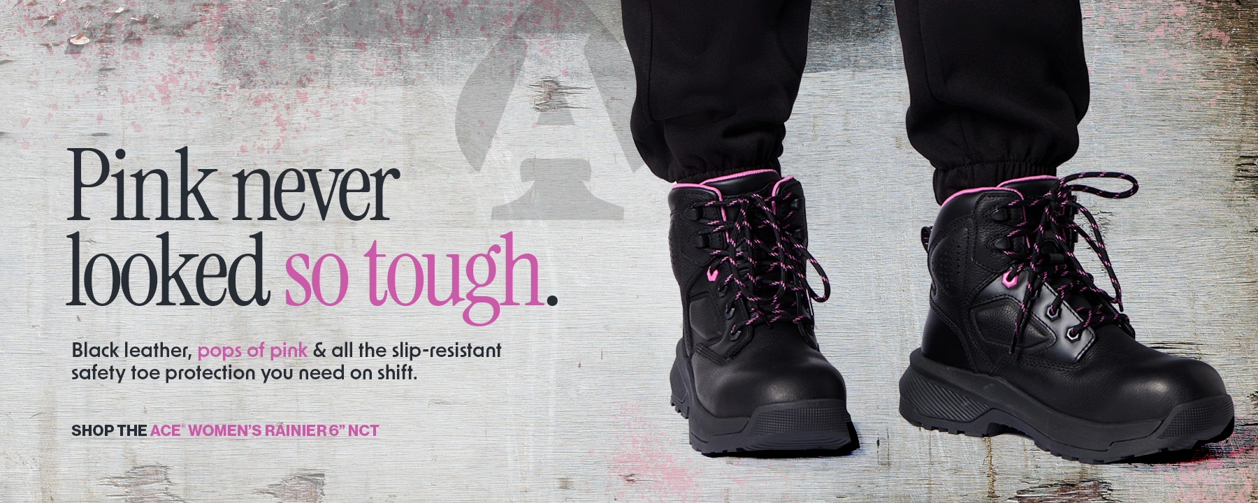 Black ACE Rainier 6” women’s work boots with pink accents and slip-resistant safety toe protection.
