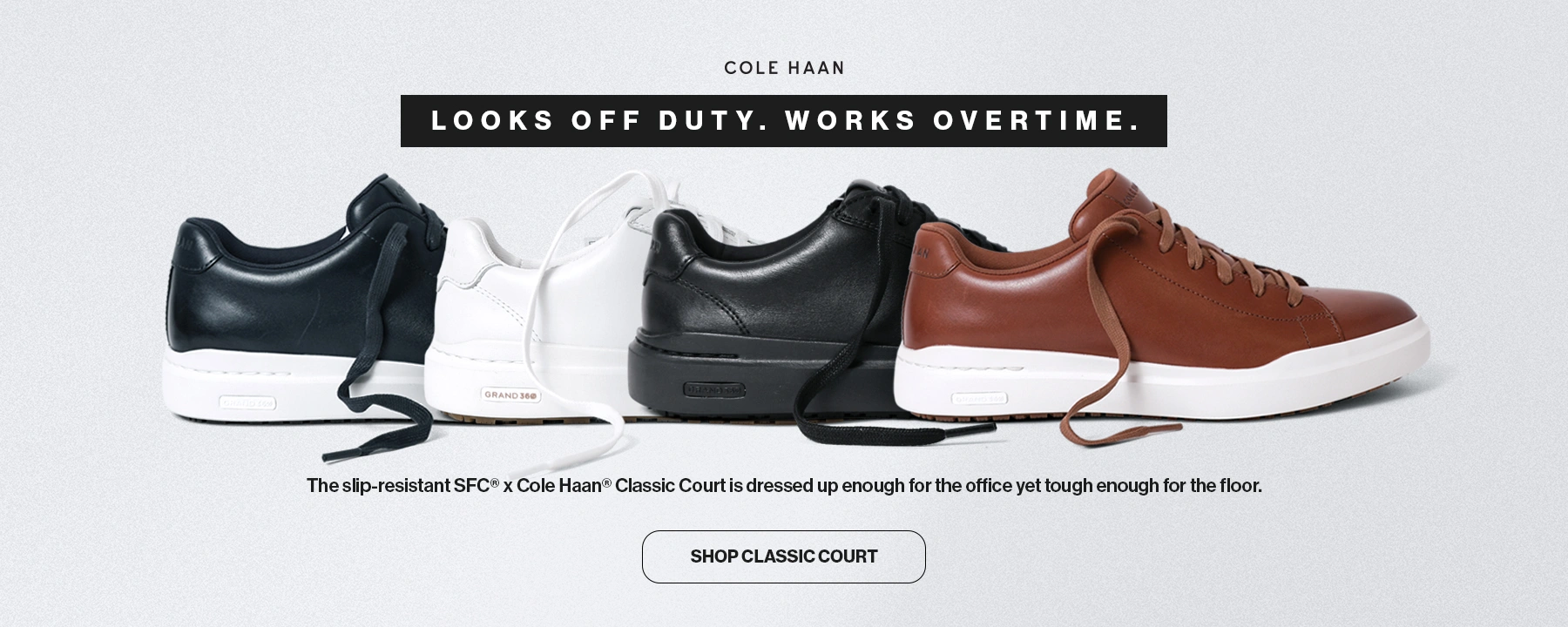 Cole Haan: Cole Haan Classic Court slip-resistant work sneakers in black, white and brown.