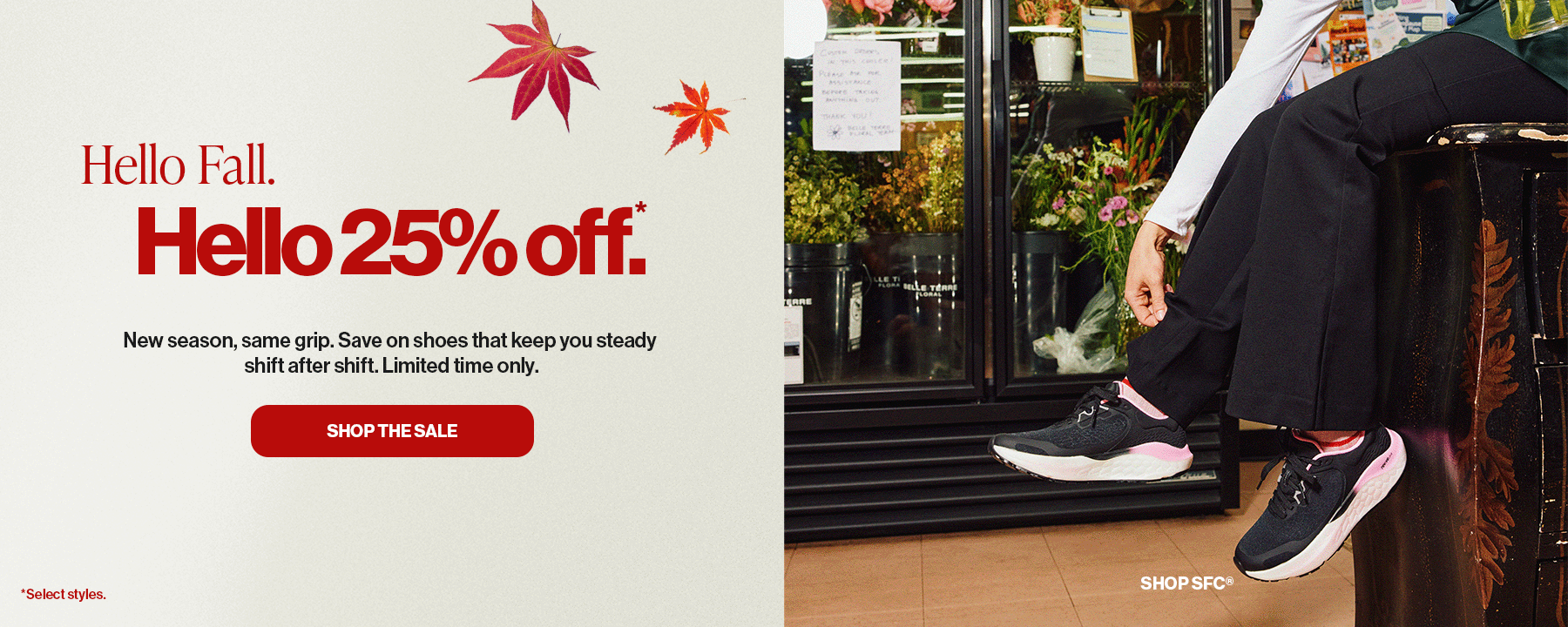 Fall sale promotion offering 25% off select Shoes For Crews styles, featuring black slip-resistant shoes.