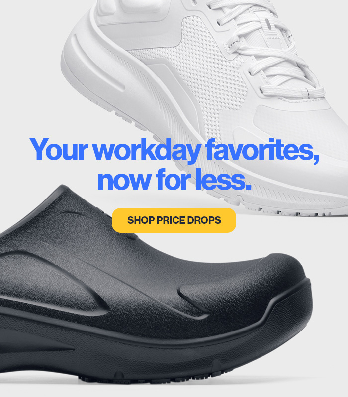 a man and women both wearing black non-slip work shoes made by Shoes For Crews advertising affordable work shoes under $55 a man and women both wearing black non-slip work shoes made by Shoes For Crews advertising affordable work shoes under $55