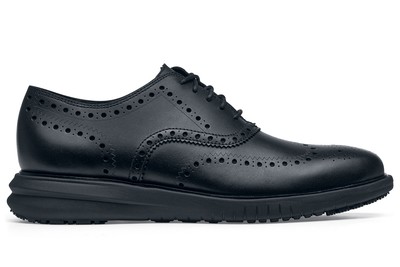 Cole Haan Miles Leather Wingtip Oxford Slip-Resistant Shoes (Black) | Shoes For Crews